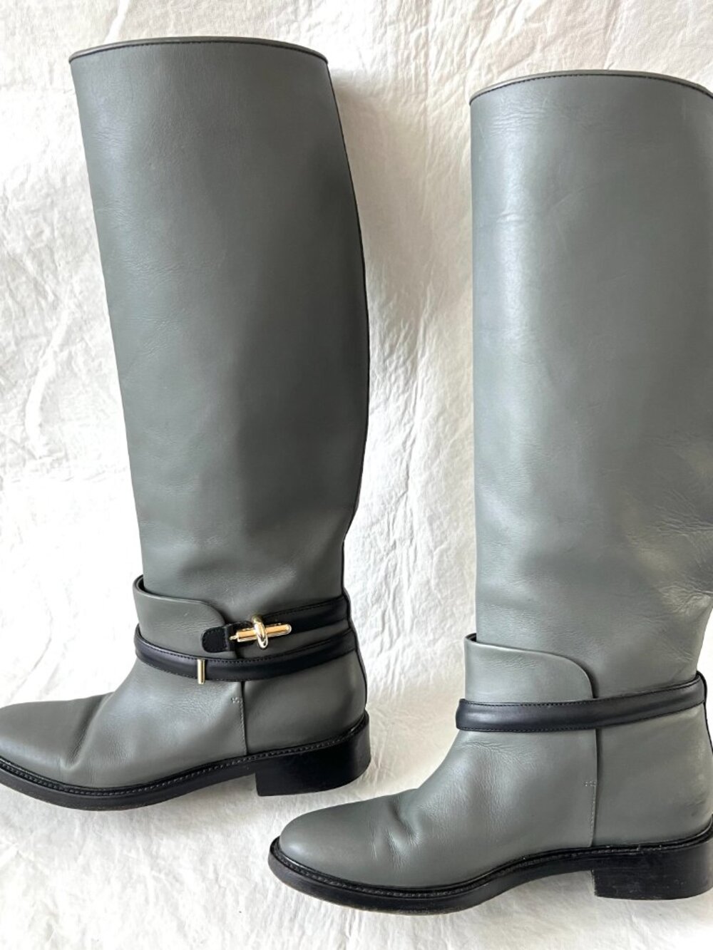 Balenciaga riding boots gray leather knee high 39 9 womens pull on black harness - Picture 6 of 15